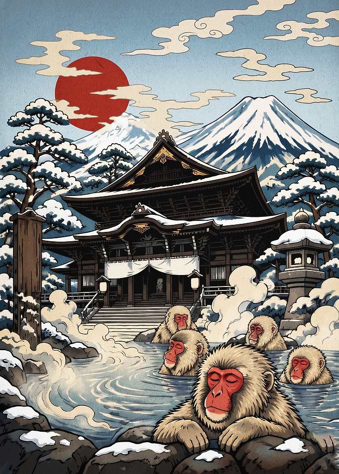 Japanese Monkey Onsen Snow Art