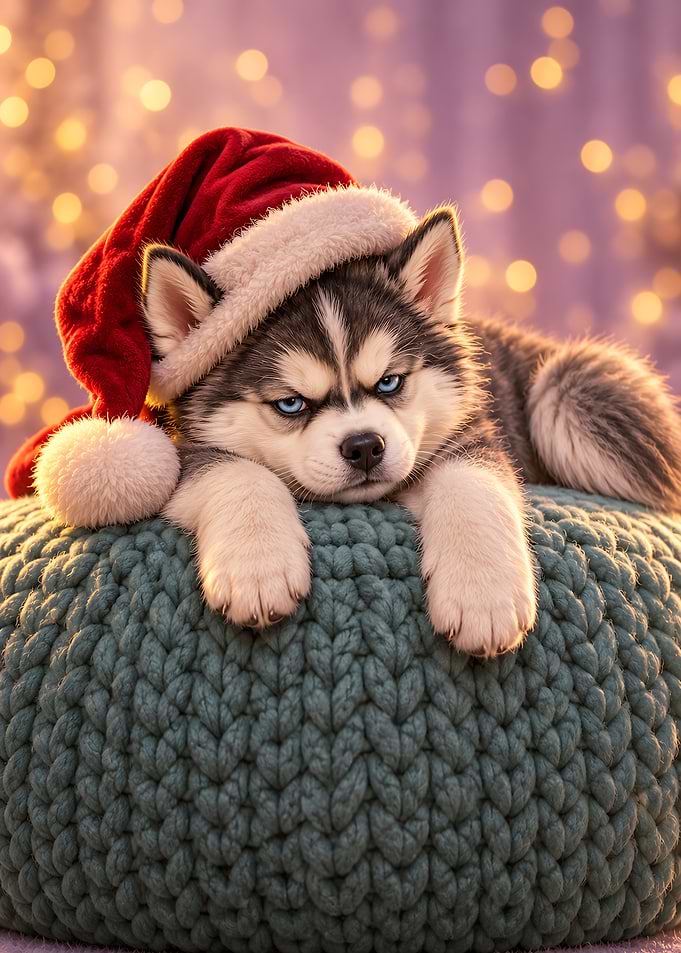 Grumpy Husky Puppy in Santa Hat