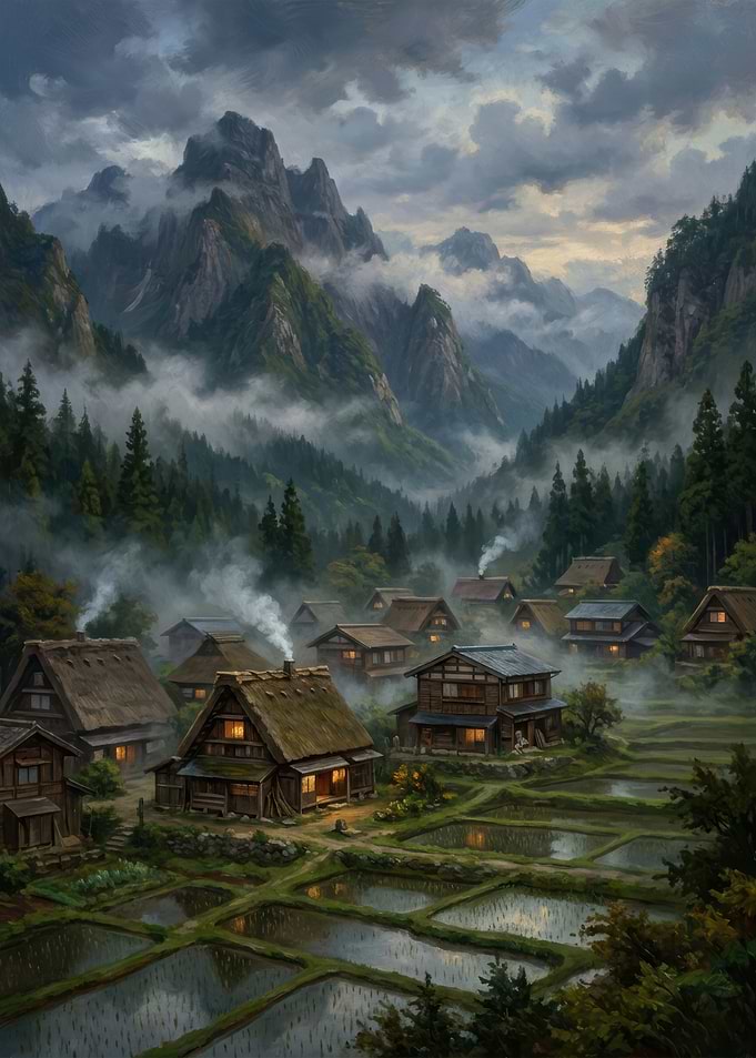 Misty Japanese Village in Mountains
