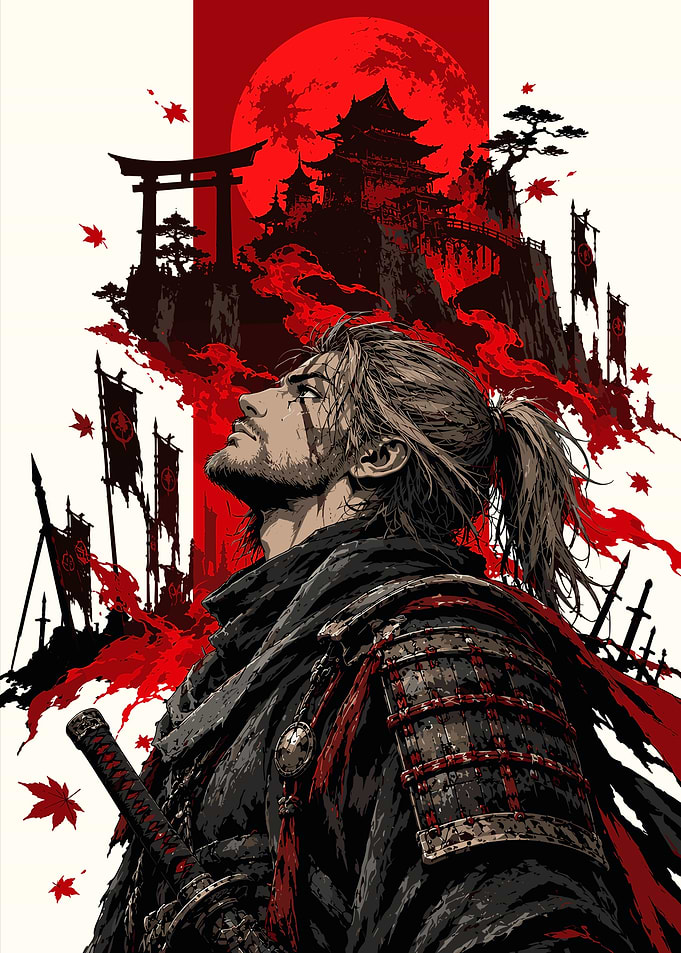 Samurai Warrior Under Red Moon