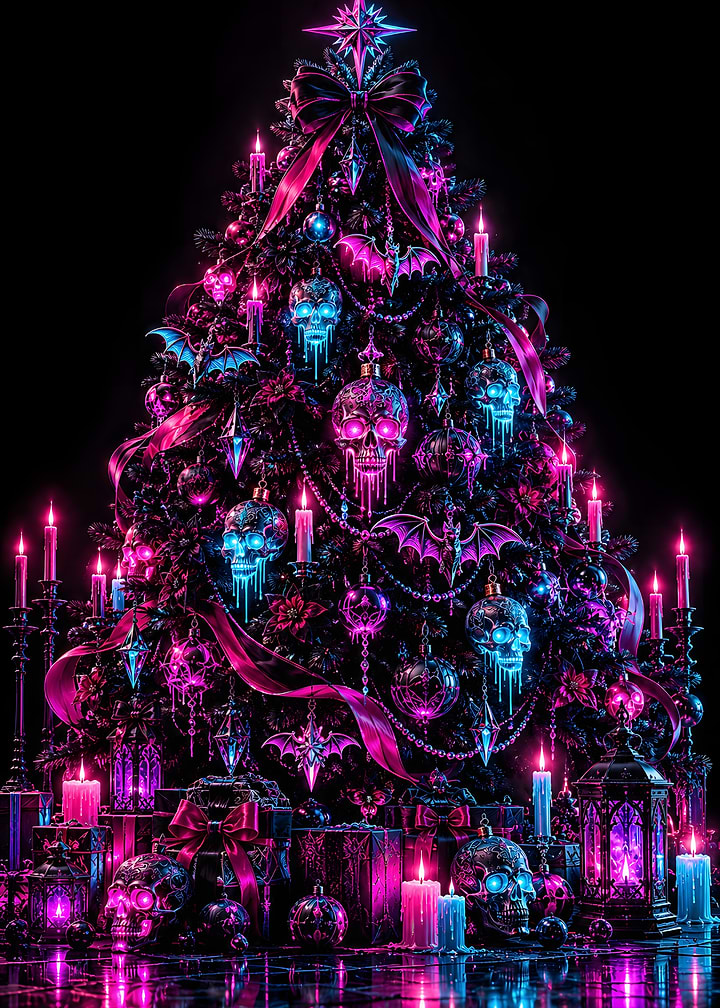 Black Christmas Tree Neon Skull Ornaments