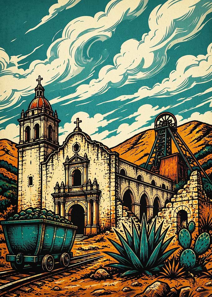 Mining Town Church Retro Art