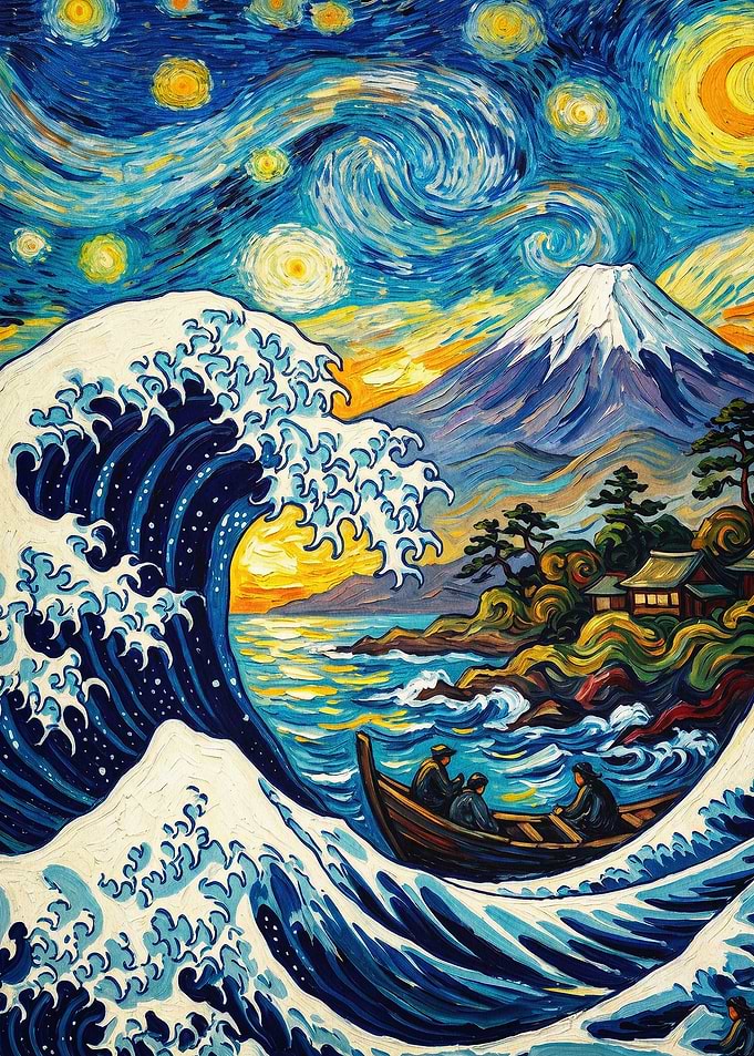 Great Wave Fuji Starry Night Art
