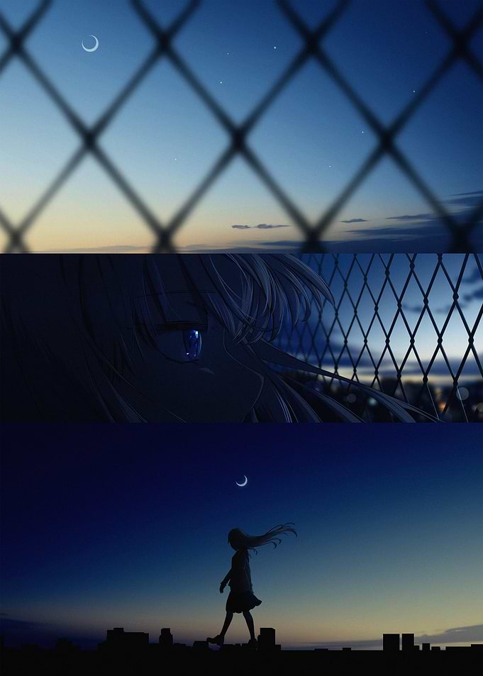 Anime girl walking on city skyline