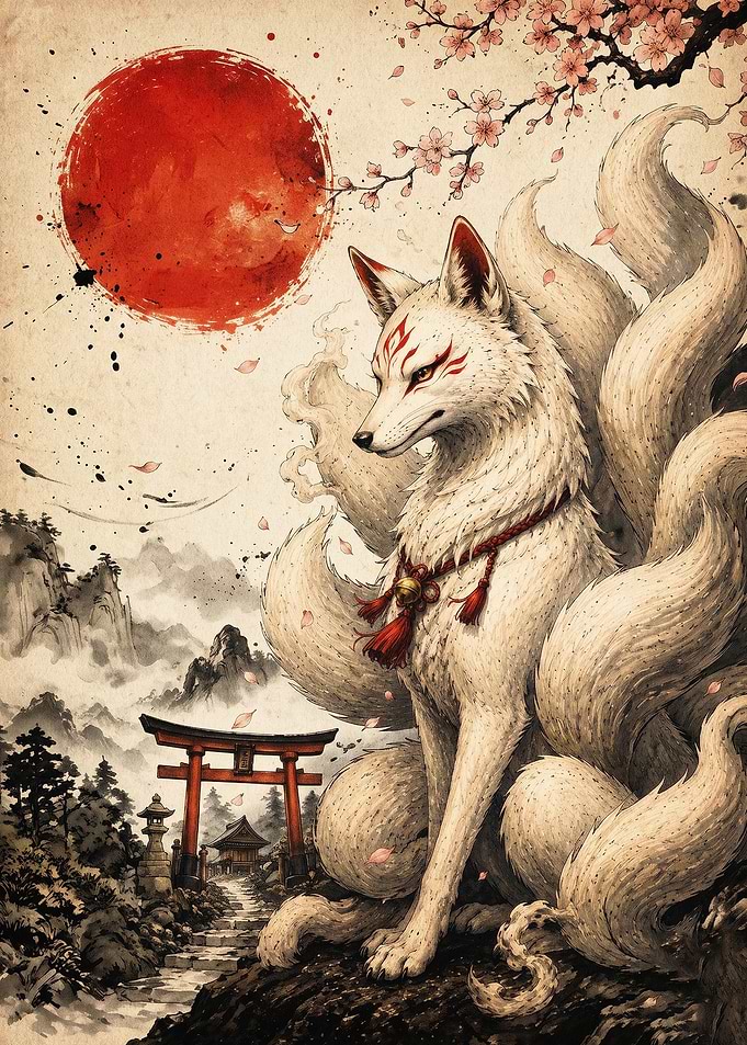 Kitsune Fox Japanese Retro Art Post