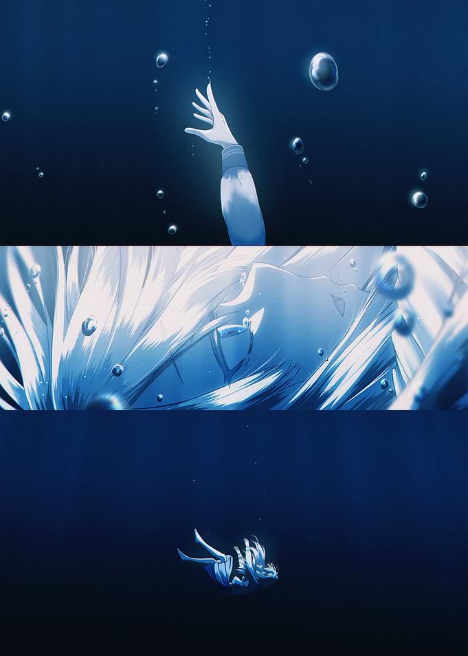 Anime character sinking underwater