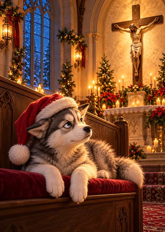 Husky Puppy in Christmas Church