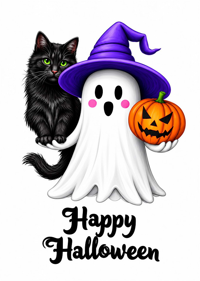 Cute Ghost with Cat and Pumpkin