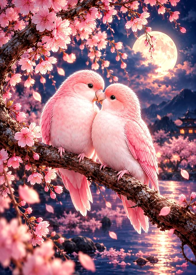 Two Pink Lovebirds in Cherry Blossoms
