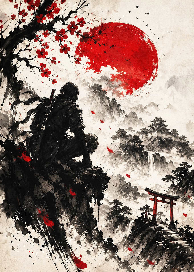 Samurai Red Sun Ink Poster