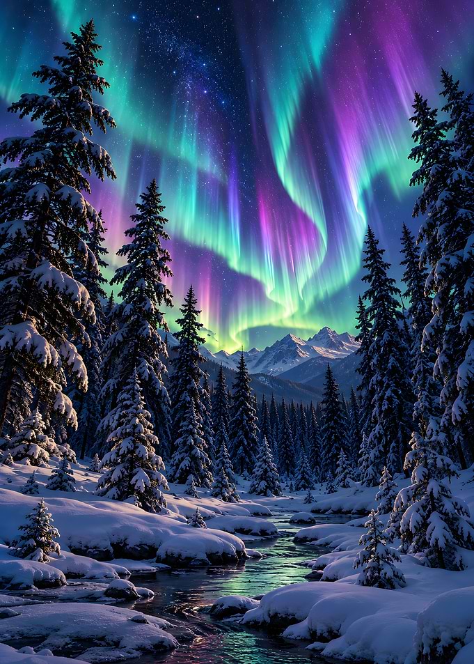 Northern Lights Over Snowy Pine Forest