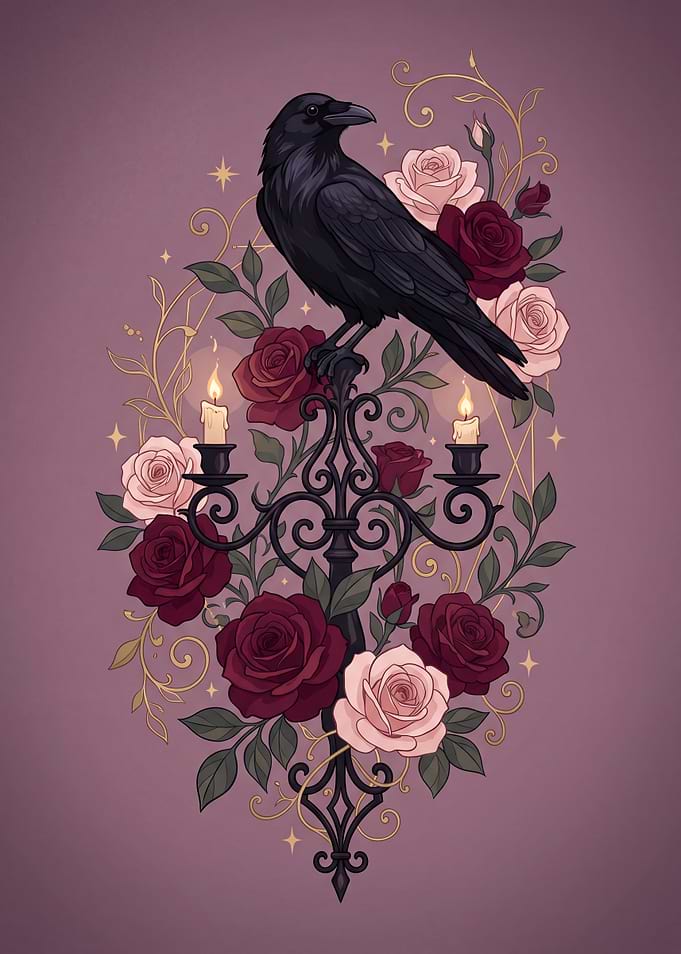 Raven with Dark Romantic Roses and Candles