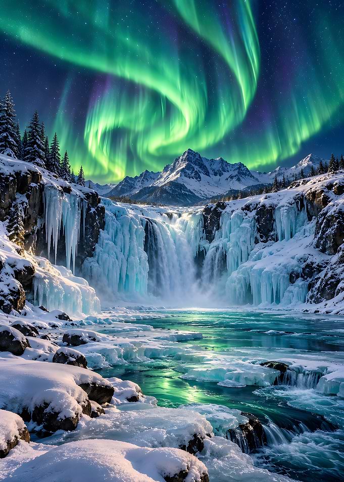 Frozen Waterfall Under Northern Lights Winter