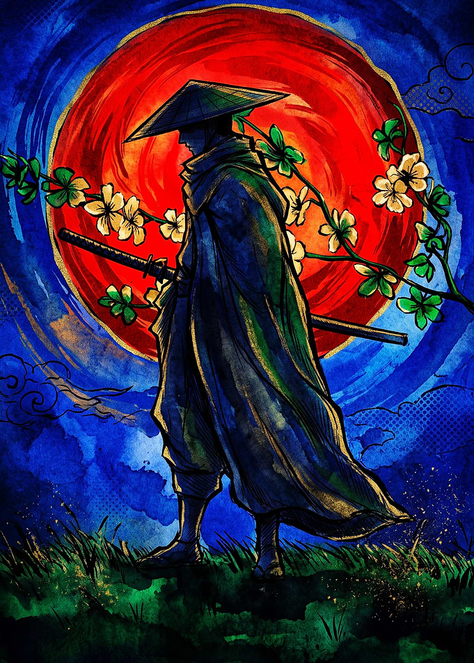 Lone Samurai Under Red Moon