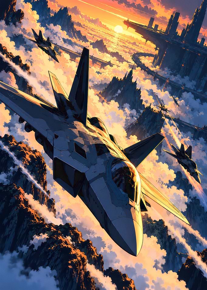 Futuristic Fighter Jets Over City