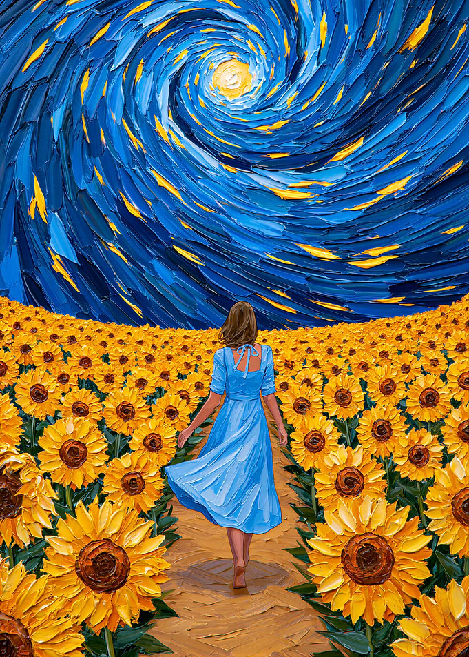 Sunflower Path Under a Swirling Sky