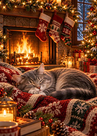 Gray Cat Sleeping By Christmas Fireplace