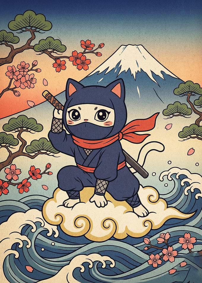 Ninja Cat Japanese Ukiyo-e Art
