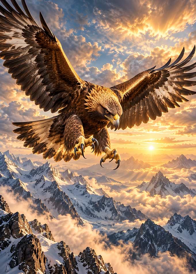 Golden Eagle Soaring Over Snowy Mountain Peaks