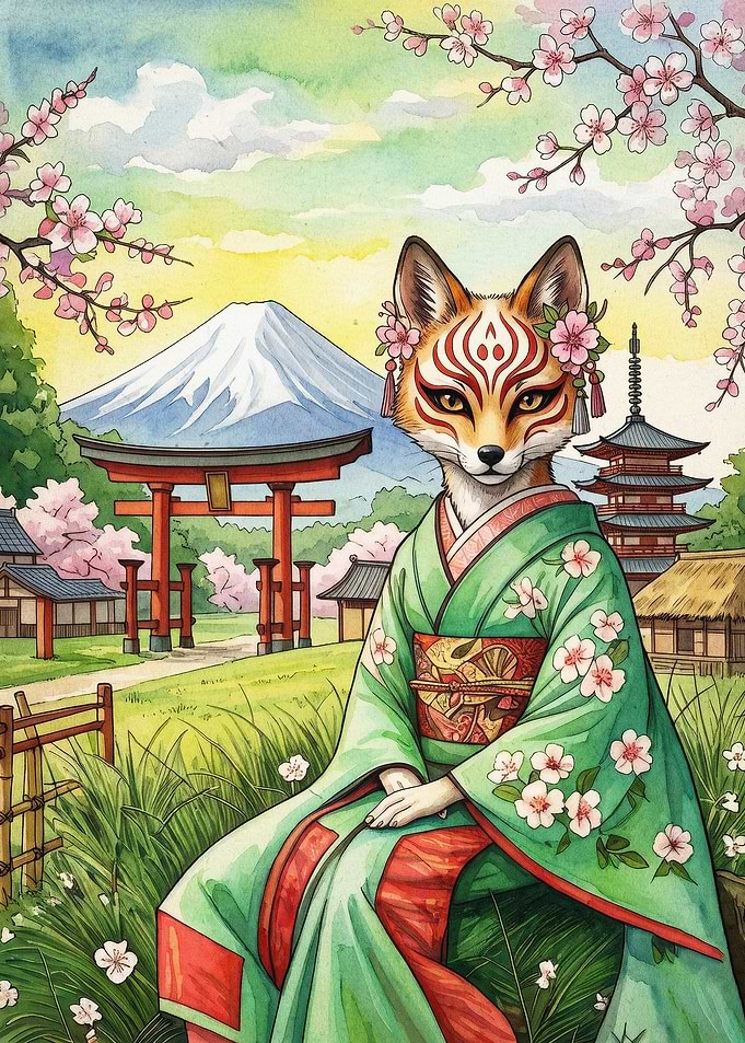 Fox Kimono Japan Watercolor Art