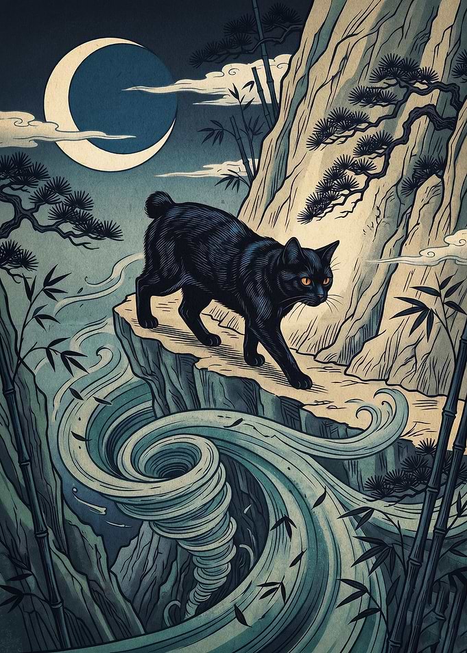 Black Cat Moon Japanese Art