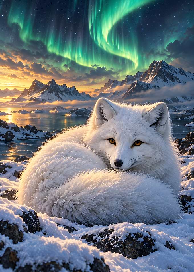 Arctic Fox Curled In Snow Under Northern Lights