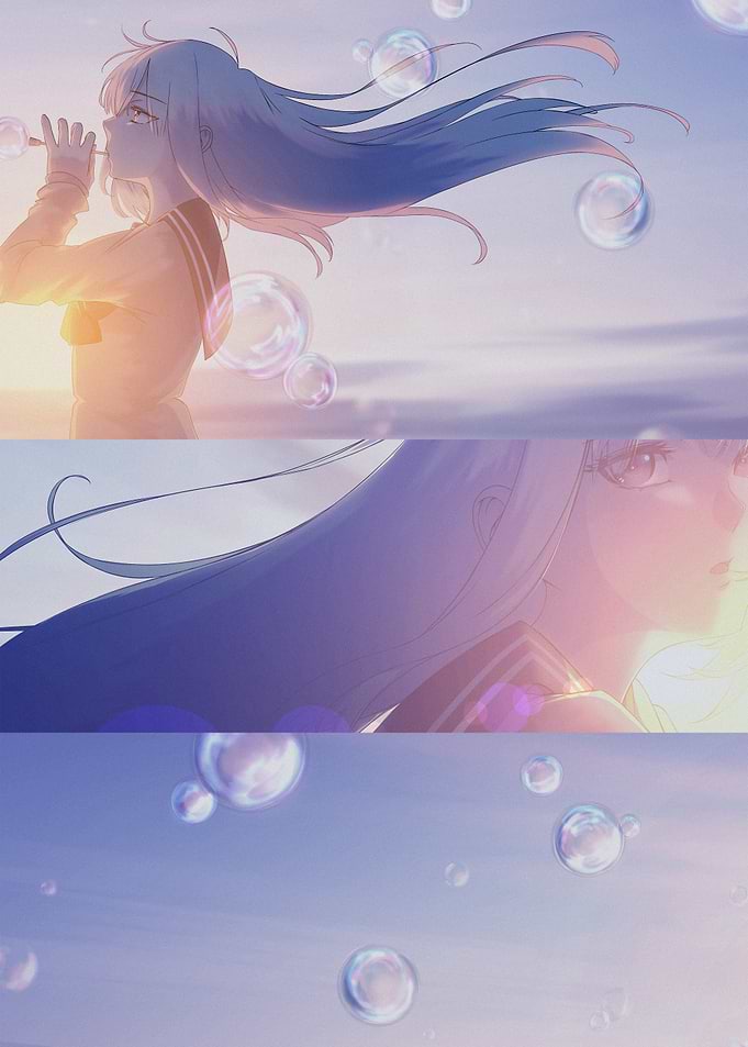 Anime Girl Blowing Bubbles at Sunset