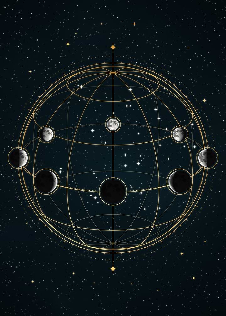Celestial Sphere Moon Orbit Gold Line Art