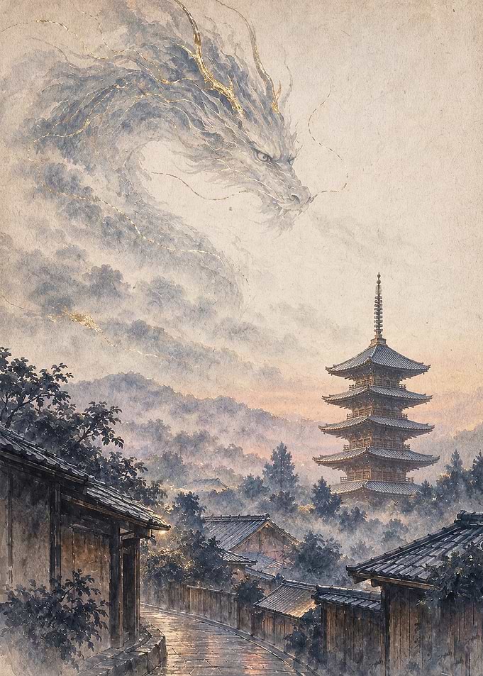 Dragon Pagoda Japan Watercolor Art