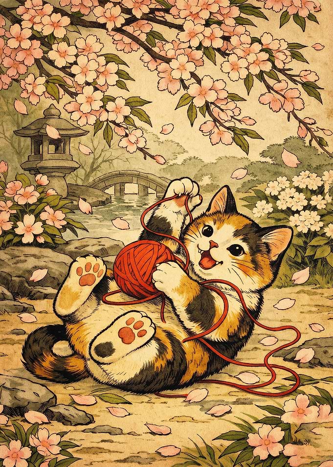Calico Cat Japan Cherry Blossom Art