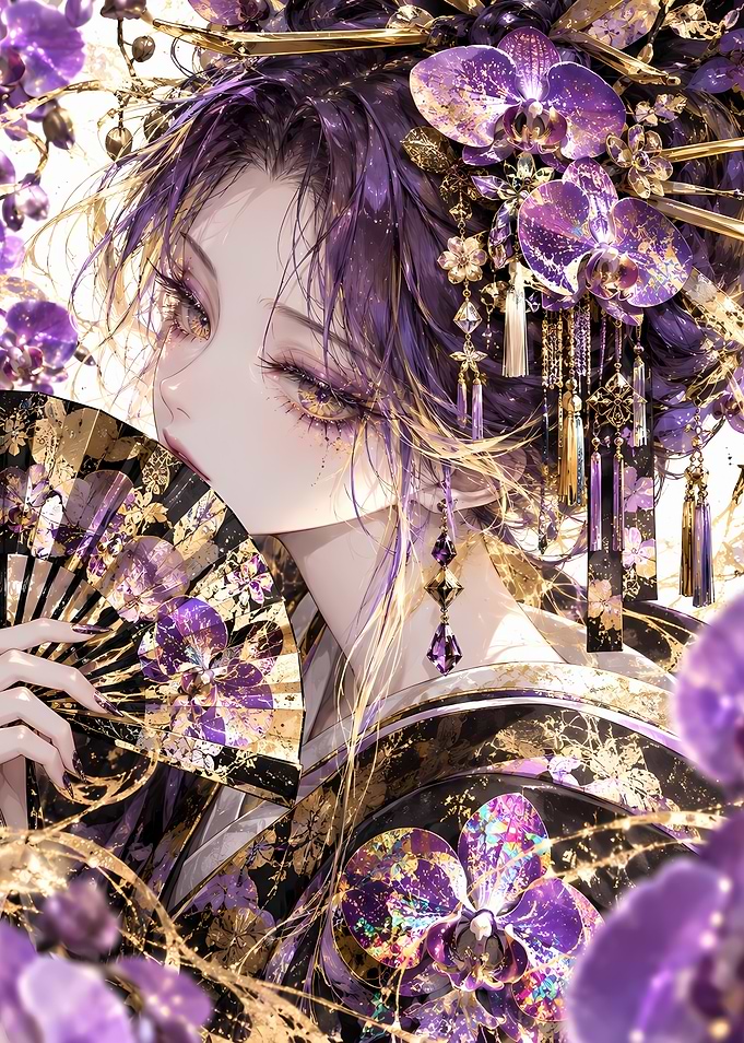 Elegant Woman with Purple Orchids