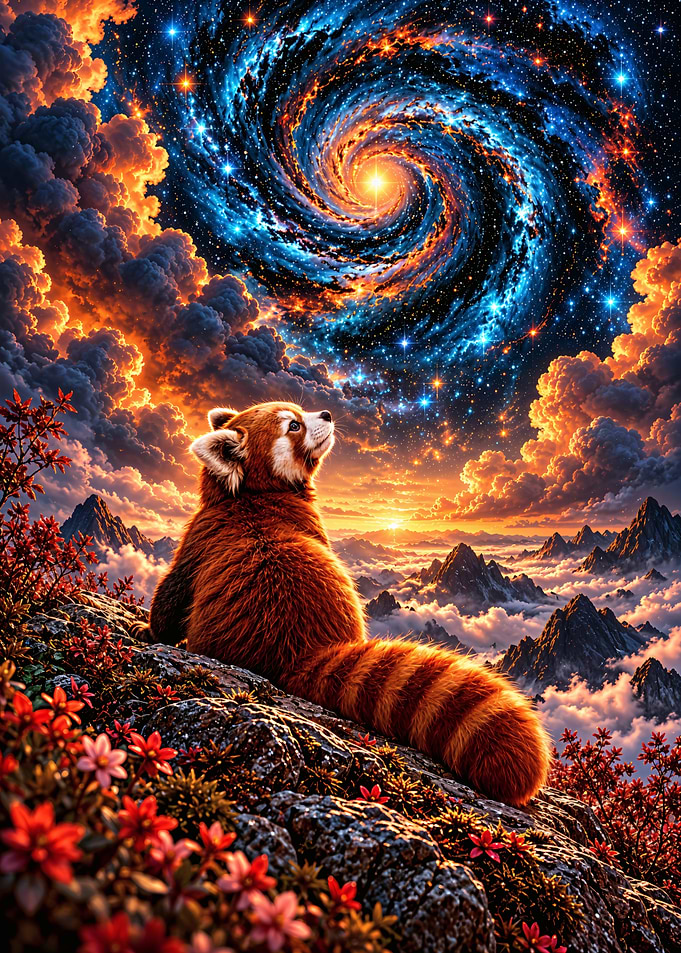 Red Panda Gazing at Cosmic Galaxy