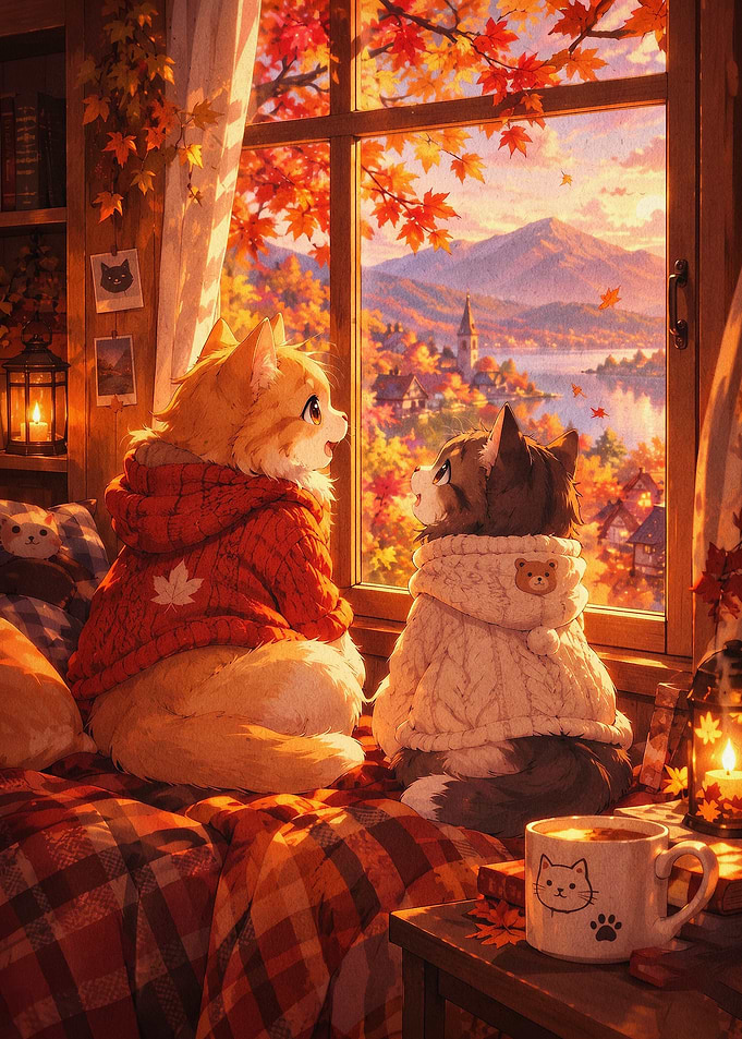 Cats Autumn Window View Cozy Art