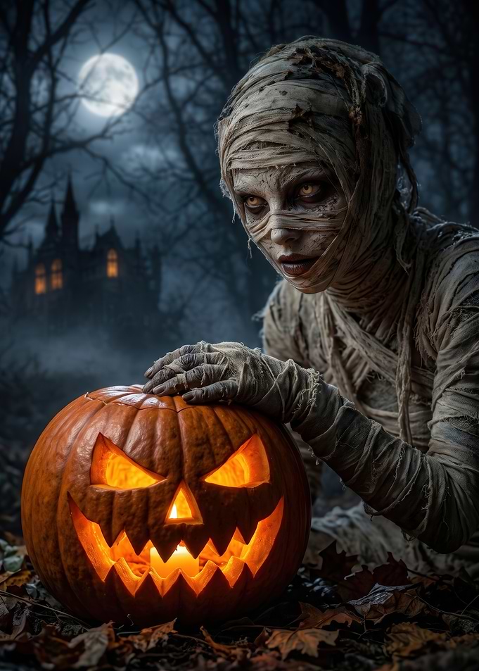 Mummy with Glowing Jack-o'-lantern