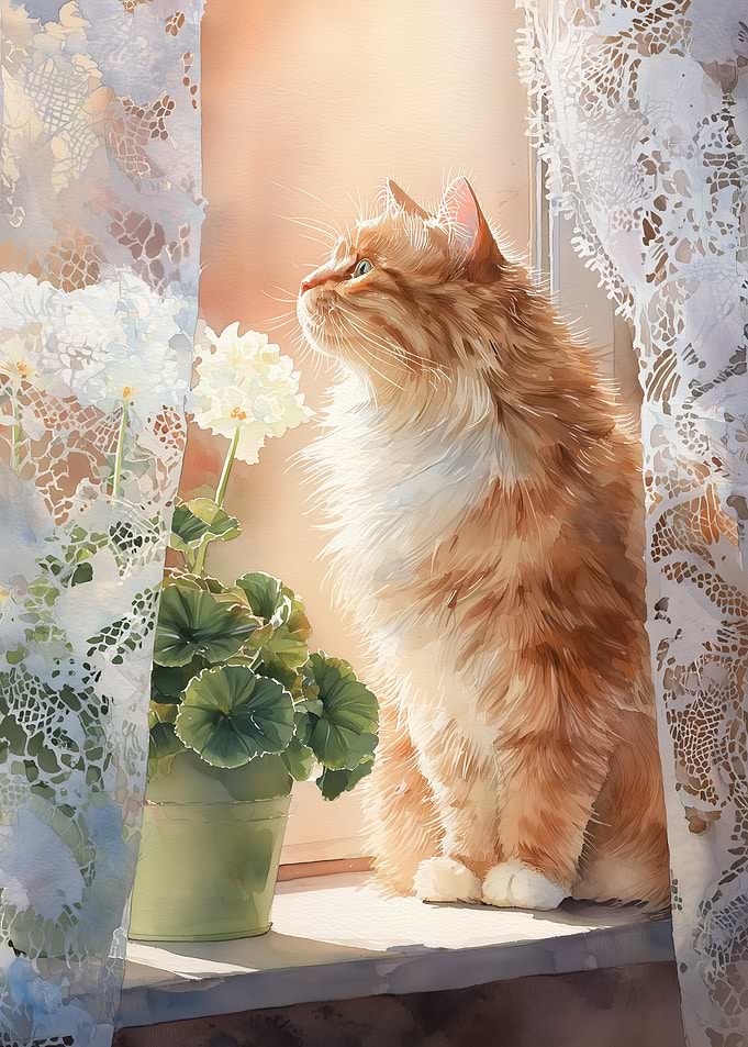 Fluffy Ginger Cat by Window