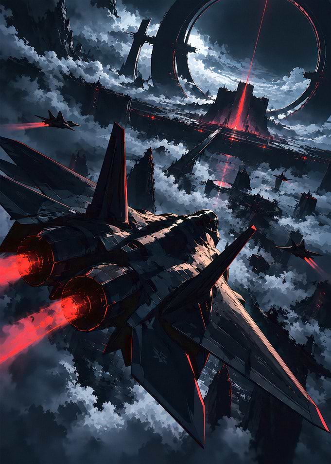 Futuristic Fighter Jets Over Dark City