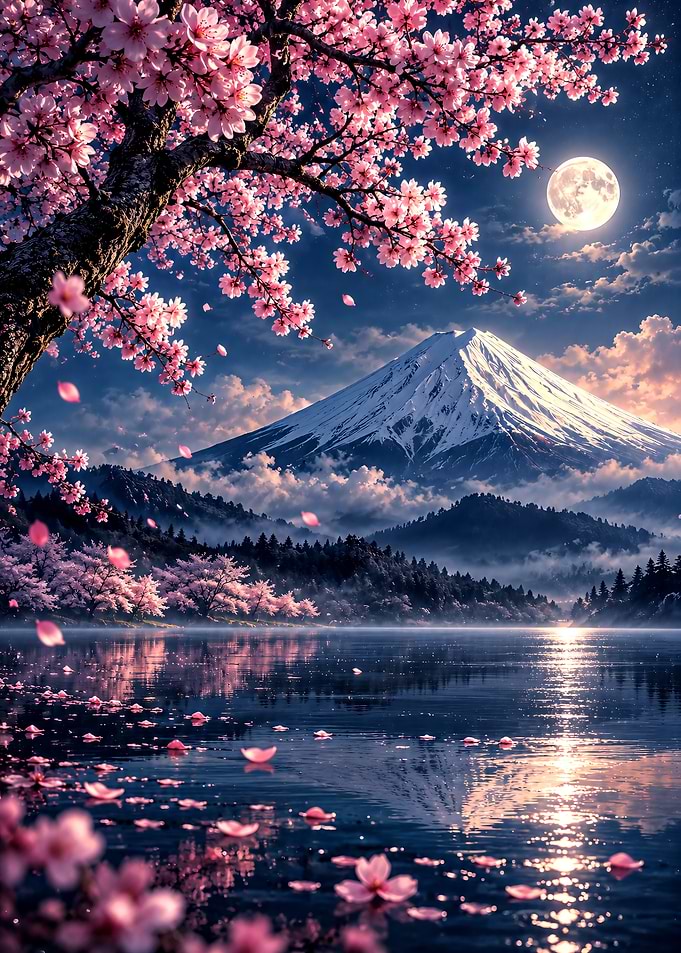 Mount Fuji Under Moonlight and Cherry Blossoms