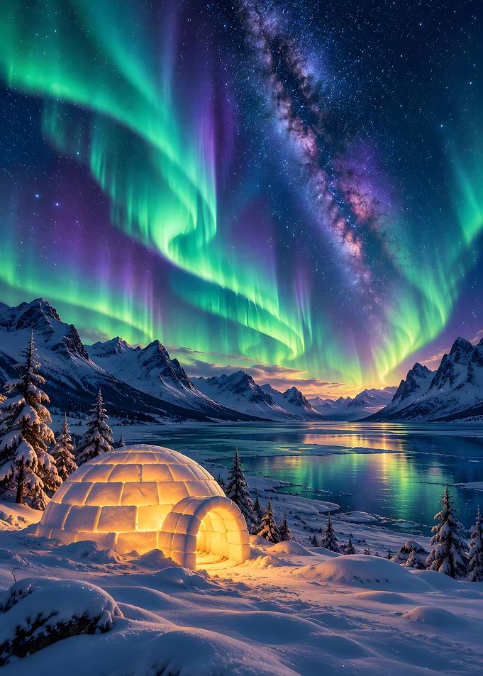 Glowing Igloo Under Northern Lights Milky Way
