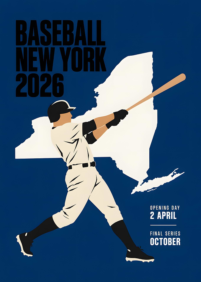 New York Baseball Batter Swing Navy Poster