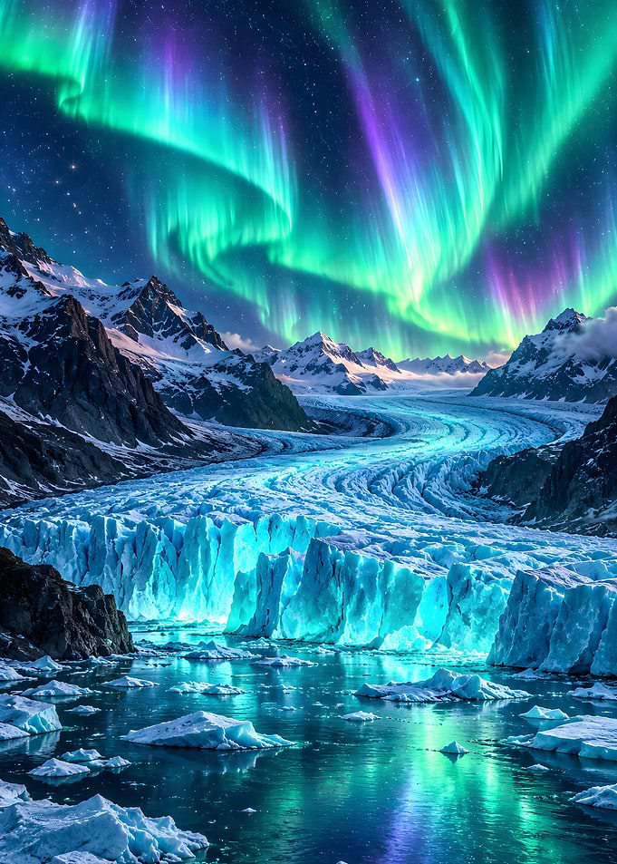 Glowing Glacier Under Northern Lights