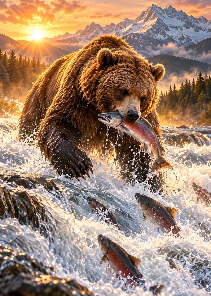 Grizzly Bear Catching Salmon In Wild River