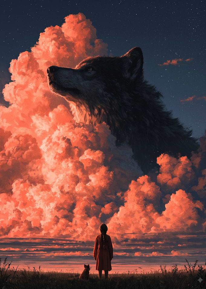 Giant Wolf Spirit in Sunset Clouds