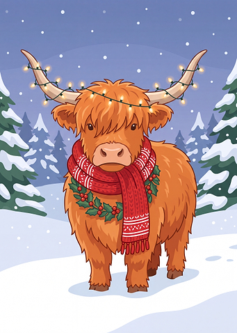 Cute Highland Cow Christmas Illustration