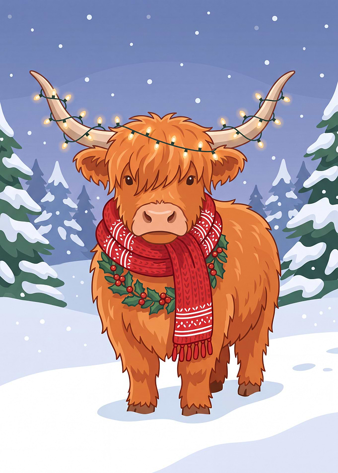 Cute Highland Cow Christmas Illustration