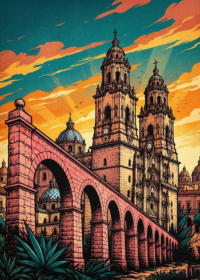 Cathedral Aqueduct Retro Art Poster