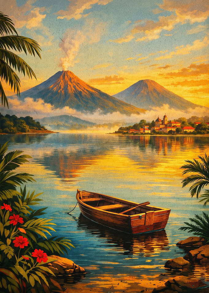Volcano Lake Tropical Sunset Art