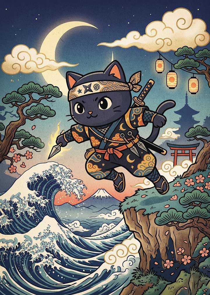 Ninja Cat Japanese Ukiyo-e Art