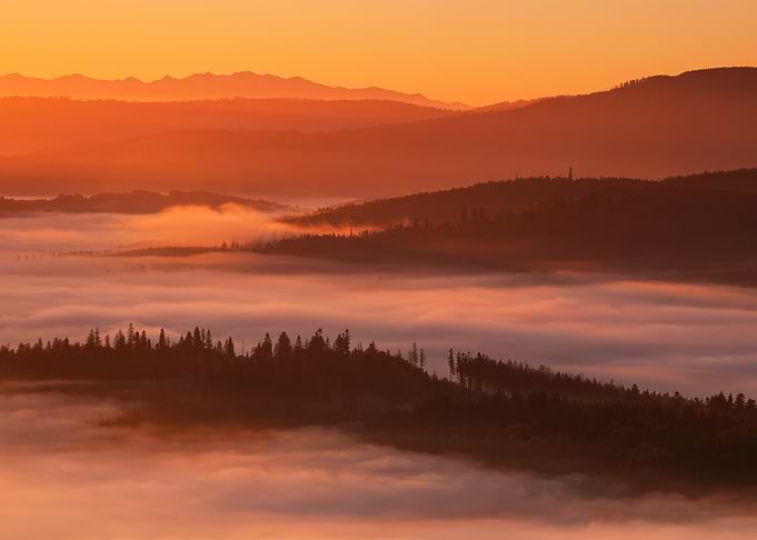 A golden sunrise over the Misty Mountains, viewed from Ochodzita towards the Tatra Mountains, Poland