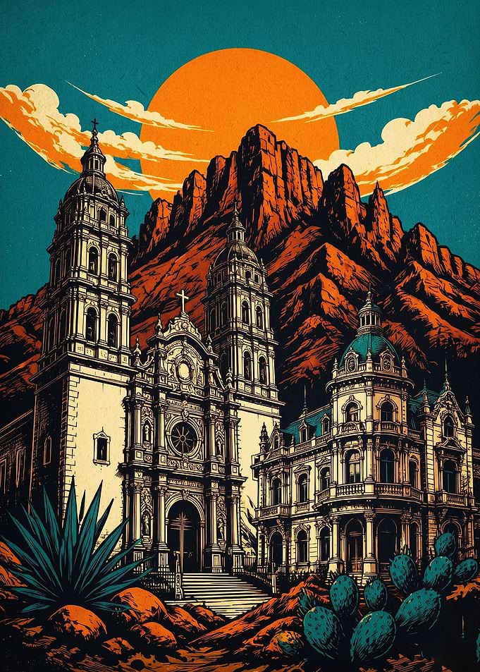 Cathedral Mountain Retro Sunset Art