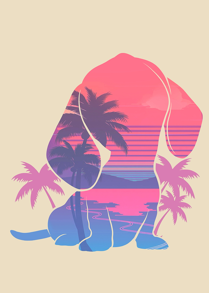Cute Puppy Retro Synthwave Beach Sunset
